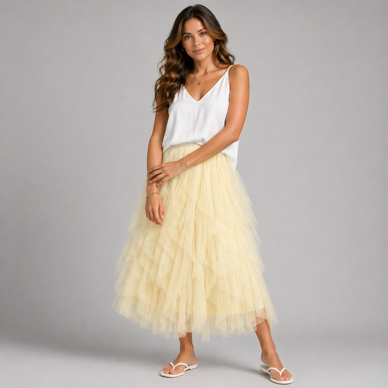 Net Layered and Ruffled Maxi Tulle Skirt