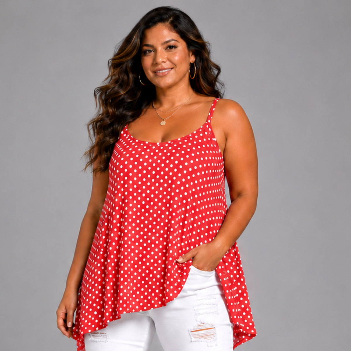 Polka Dot Cami Vest Hanky Hem Swing Top